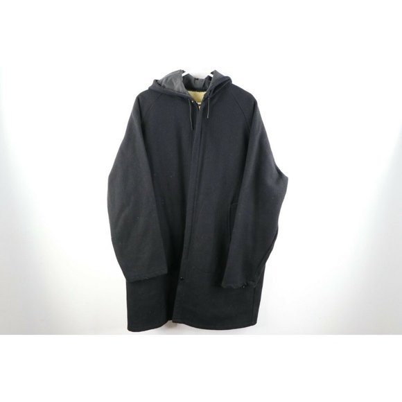 Vintage 40s Mens XL Deep Pile Fleece Lined Wool Hooded Parka Jacket Black USA